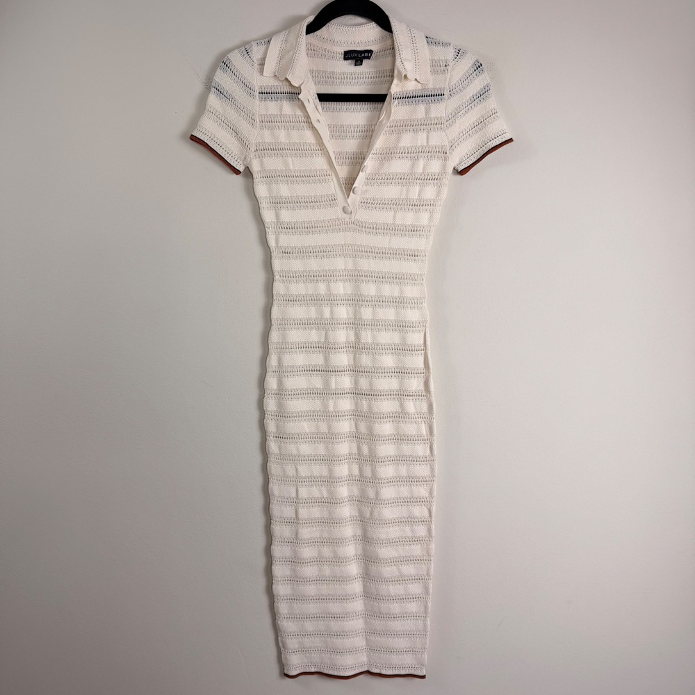 JLUXLABEL Cream‎ Pointelle Crochet Knit Polo Midi Dress Short Sleeve Size Small